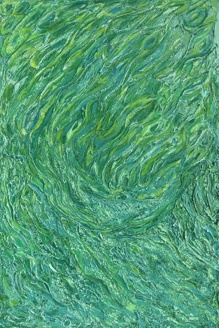 Green light - vibrant abstract painting celebrating Bali by Lya Helia, 60x50cm acrylic and oil pastels